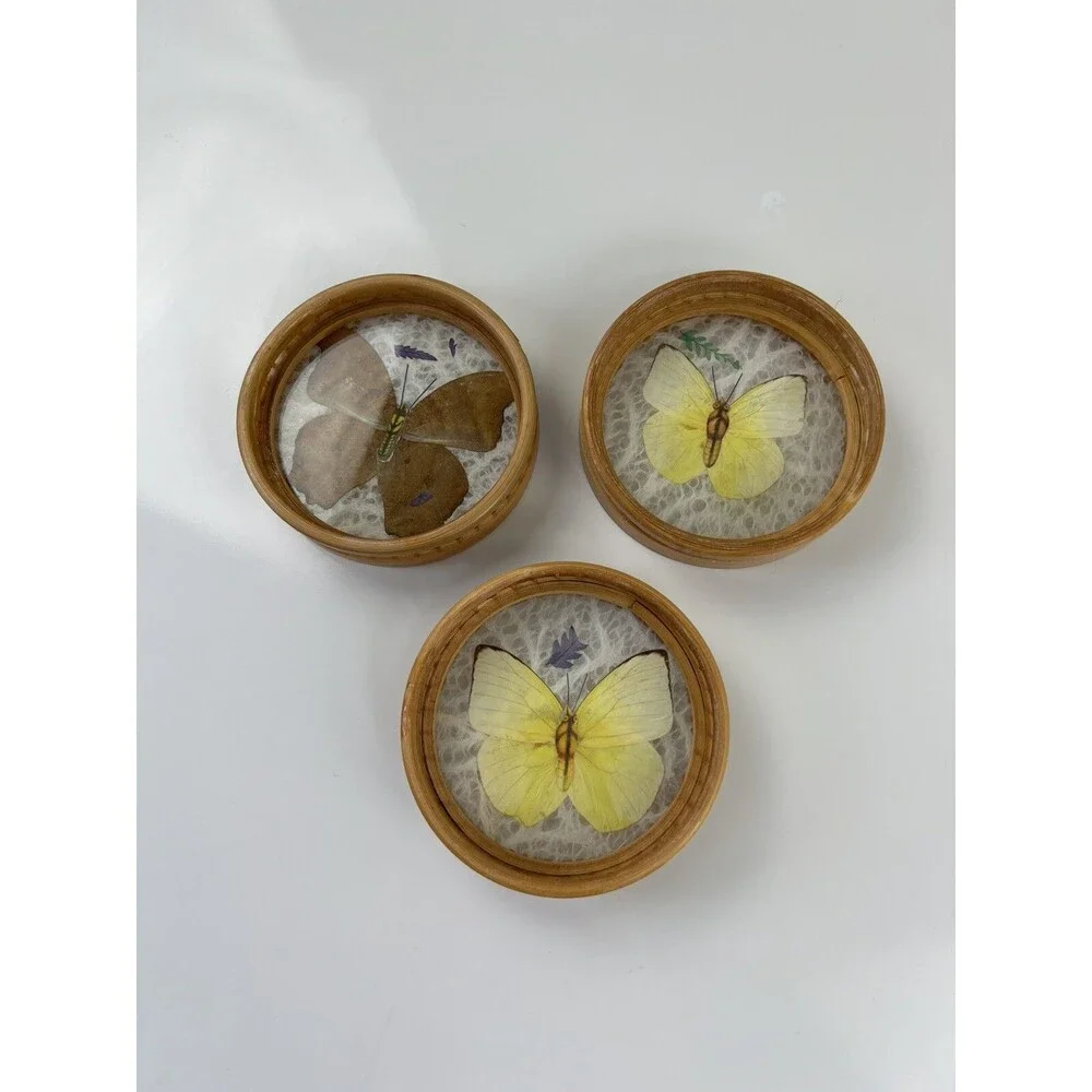 Set Of 3 Vintage Paper Butterfly Bamboo Coasters Bohemian Boho Replacements Gift